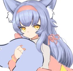 Rule 34 | 1girl, animal ear fluff, animal ears, closed mouth, commentary, english commentary, fox ears, fox tail, hair ribbon, hairband, hugging own tail, hugging tail, klaius, looking at viewer, original, pink ribbon, ribbon, simple background, solo, tail, upper body, white background, yellow eyes