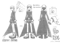 Rule 34 | 00s, 1girl, absurdres, bare legs, bones (company), character sheet, full body, highres, holding, holding weapon, long hair, looking at viewer, maka albarn, monochrome, official art, scan, scythe, skirt, smile, soul eater, standing, translation request, twintails, weapon, white background