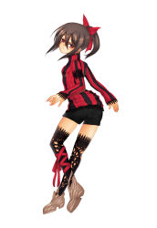 Rule 34 | back, blush, brown hair, char, looking back, ponytail, red eyes, solo, striped, thighhighs