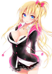 Rule 34 | 1girl, arms behind back, bad id, bad pixiv id, black bra, black skirt, blonde hair, blue eyes, blush, bra, breasts, buttons, cleavage, cowboy shot, earrings, female focus, jewelry, koshika rina, large breasts, long hair, looking at viewer, original, pendant, ponytail, simple background, skirt, solo, underwear, white background