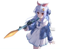Rule 34 | 1girl, ardenlolo, artist name, belt, blue hair, blue jacket, blue neckerchief, blue ribbon, blush, carrot hair ornament, choker, commentary request, cowboy shot, double bun, food-themed hair ornament, grin, gun, hair bun, hair ornament, hair ribbon, holding, holding gun, holding weapon, hololive, jacket, long hair, long sleeves, mixed-language commentary, neckerchief, off shoulder, open clothes, open jacket, pleated skirt, red eyes, ribbon, rocket launcher, sailor collar, shirt, short eyebrows, simple background, skirt, smile, solo, standing, thick eyebrows, twitter username, usada pekora, usada pekora (casual), virtual youtuber, weapon, white background, white belt, white choker, white sailor collar, white shirt, white skirt