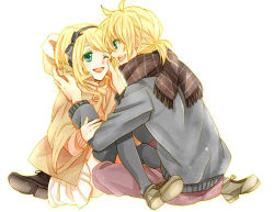 Rule 34 | 1boy, 1girl, aqua eyes, black thighhighs, blonde hair, blush, brother and sister, coat, eye contact, hair ribbon, hood, kagamine len, kagamine rin, kvchi, looking at another, one eye closed, open mouth, ponytail, ribbon, scarf, short hair, siblings, simple background, skirt, smile, thighhighs, twins, vocaloid, white background, wink, winter clothes