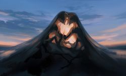 Rule 34 | 2girls, bob cut, closed eyes, cloud, commentary, couple, english commentary, face-to-face, from side, highres, imminent kiss, inverted bob, long hair, multiple girls, original, outdoors, outstretched arm, profile, see-through, shared blanket, short hair, sitting, sky, twilight, under covers, veil, very long hair, ye (ran chiiipye), yuri