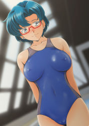 Rule 34 | 1girl, arms behind back, backlighting, bishoujo senshi sailor moon, blue hair, cameltoe, collarbone, competition swimsuit, covered navel, dutch angle, earrings, covered erect nipples, formal, glasses, highres, jewelry, looking at viewer, mizuno ami, nanashi noiji, one-piece swimsuit, red-framed eyewear, rei no pool, short hair, solo, suit, swimsuit, tareme
