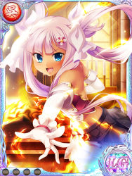 Rule 34 | 1girl, bare shoulders, black skirt, blue eyes, card (medium), elbow gloves, fang, fire, gloves, hair ornament, hairclip, hikage eiji, koihime musou, long hair, midriff, miniskirt, navel, non-web source, official art, open mouth, outstretched arm, pink hair, ribbon, shirt, skirt, solo, sonshoukou, twintails, white gloves