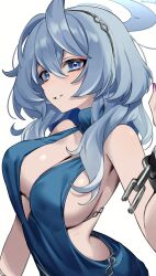 Rule 34 | 1girl, absurdres, ako (blue archive), ako (dress) (blue archive), bare shoulders, blue archive, blue choker, blue dress, blue eyes, blue hair, breasts, chain, choker, commentary request, cuffs, dress, eyeshadow, grin, highres, large breasts, long hair, looking at viewer, makeup, parted lips, shackles, simple background, sleeveless, sleeveless dress, smile, solo, upper body, wakamepiza, white background