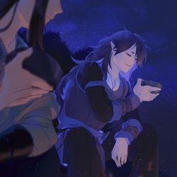 Rule 34 | 2boys, black hair, duanbaozishigehaoren, closed eyes, fengxi (the legend of luoxiaohei), highres, holding, long hair, long sleeves, multiple boys, night, night sky, outdoors, parted lips, pointy ears, sky, smile, star (sky), starry sky, luo xiaohei zhanji, wuxian (the legend of luoxiaohei)