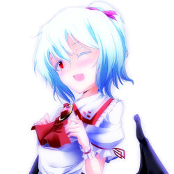 Rule 34 | 1girl, ;d, bat wings, blue hair, blush, brooch, colored eyelashes, female focus, hands on own chest, jewelry, one eye closed, open mouth, ponytail, red eyes, remilia scarlet, ribbon, santa (kaisou hikuutei), short hair, smile, solo, touhou, upper body, wings, wink