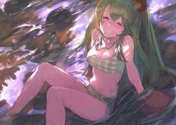 Rule 34 | 1girl, animal ears, animal hands, animare, bare shoulders, barefoot, bear ears, bear paws, bikini, blush, breasts, cleavage, closed eyes, day, facing viewer, feet out of frame, gigapuri, gloves, green bikini, green eyes, green hair, grin, hinokuma ran, knees up, large breasts, long hair, nanashi inc., navel, outdoors, partially submerged, paw gloves, river, sitting, smile, solo, swimsuit, thighs, very long hair, virtual youtuber