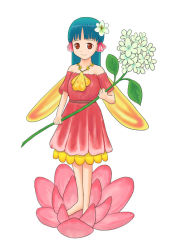 Rule 34 | 1girl, aqua hair, barefoot, brown eyes, dress, fairy, flower, gahiro, mini person, minigirl, original, smile, solo