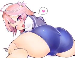 Rule 34 | 10s, 1girl, absurdres, ahoge, ass, blush, hair ornament, heart, highres, i-58 (kancolle), kantai collection, looking at viewer, one-hour drawing challenge, one-piece swimsuit, one eye closed, open mouth, pink hair, red eyes, school swimsuit, school uniform, serafuku, short hair, simple background, smile, solo, speech bubble, spoken heart, swimsuit, swimsuit under clothes, tori kaku