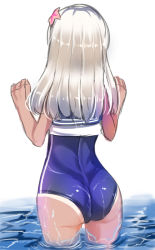 Rule 34 | 10s, 1girl, ass, blue one-piece swimsuit, flower, from behind, hair flower, hair ornament, hibiscus, kantai collection, long hair, one-piece swimsuit, partially submerged, ro-500 (kancolle), school swimsuit, shirt, silver hair, sleeveless, sleeveless shirt, solo, swimsuit, tan, tanline, tenken (gotannda), wading, water