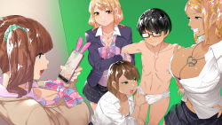 Rule 34 | 1boy, 4girls, arm grab, blonde hair, blue eyes, bow, bowtie, breasts, brown hair, cellphone, cleavage, clenched teeth, eyebrows hidden by hair, folded ponytail, from above, glasses, green eyes, gyaru x batsu game + inkya = harem!?, highres, holding, holding phone, imminent handjob, imminent penetration, imminent rape, indoors, jacket, large breasts, legs, mole, mole under eye, mole under mouth, multiple girls, navel, open mouth, orange eyes, original, phone, recording, school uniform, short hair, skirt, squatting, standing, tamabon (koutetsu shabondama), teeth, thighs, topless, twintails, undressing, vest