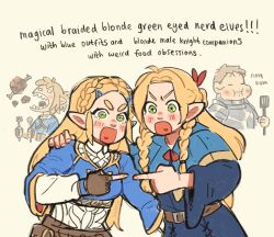 Rule 34 | 2boys, 2girls, :i, = =, artist name, belt, blonde hair, blue cape, blue robe, blush stickers, boned meat, braid, cape, commentary, cropped torso, crossover, crown braid, dungeon meshi, eating, english commentary, english text, food, food in mouth, fork, green eyes, hair ornament, hairclip, highres, holding, holding fork, holding spatula, holding spoon, laios touden, link, long hair, looking at viewer, marcille donato, meat, multiple boys, multiple girls, nintendo, pointing, pointing at another, pointy ears, princess zelda, rectangular mouth, robe, sharp teeth, shmeck, spatula, spoon, teeth, the legend of zelda, the legend of zelda: breath of the wild, trait connection, upper body, v-shaped eyebrows, wide sleeves, yellow background