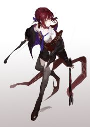 Rule 34 | 1girl, absurdres, arrow (projectile), black footwear, black jacket, blue necktie, bow (weapon), closed mouth, collarbone, fate (series), gradient background, grey thighhighs, highres, hippolyta (fate), holding, holding arrow, holding bow (weapon), holding weapon, jacket, medium hair, necktie, red hair, sketch, solo, thighhighs, weapon, yellow eyes, yorurokujuu