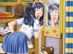 Rule 34 | 1girl, animal ears, ass, ayagi iori, backboob, bent over, blue hair, blush, breasts, brown eyes, cabbie hat, cat ears, caught, character request, constricted pupils, crowd (company), fang, game cg, hat, legs, long hair, looking at viewer, looking back, medium breasts, mirror, obbligato, ponytail, reflection, ribbon, school uniform, serafuku, skirt, solo, stuffed animal, stuffed toy, surprised, teddy bear, thighs, when you see it, wide-eyed