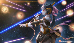 Rule 34 | 1girl, \n/, alien, armor, armored dress, black hair, blue skin, bow, breasts, cable, colored skin, commentary, detached sleeves, dress, english commentary, explosion, fewer digits, from side, hair bow, headphones, highres, holding, holding microphone, idol, laser, long hair, low ponytail, macross, macross: do you remember love?, medium breasts, microphone, music, no nose, no pupils, off-shoulder dress, off shoulder, outstretched arm, parody, purple bow, red eyes, scene reference, sgt lonely, singing, solid eyes, solo, space, t&#039;au, warhammer 40k, wireless, wrist cuffs