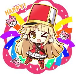 Rule 34 | &gt; o, 1girl, arms up, bang dream!, birthday, blonde hair, blush stickers, boots, breasts, chibi, commentary request, confetti, diagonal bangs, english text, epaulettes, full body, hat, long hair, marching band, medium breasts, michelle (bang dream!), multicolored background, multicolored clothes, one eye closed, open mouth, revision, shako cap, standing, standing on one leg, tagme, teen (teen629), thigh boots, thighhighs, tsurumaki kokoro, yellow eyes, zettai ryouiki