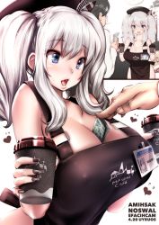 Rule 34 | 10s, 1boy, 1girl, apron, black nails, blue eyes, blush, bow, breasts, cleavage, coffee, hat, hat bow, highres, huge breasts, kantai collection, kashima (kancolle), lawson, money, tucked money, nail polish, naked apron, name tag, open mouth, shirt, short hair, silver hair, souryu, twintails, white shirt