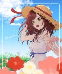 Rule 34 | 1girl, 1other, :d, arm behind head, arm up, bad hands, bare arms, bare shoulders, blue sky, blurry, blurry foreground, blush, breasts, brown hair, brown headwear, cloud, cloudy sky, day, depth of field, dress, flower, green eyes, hat, highres, long hair, looking at viewer, medium breasts, mtkignsn, open mouth, outdoors, rainbow, red flower, rosa (tears of themis), sky, sleeveless, sleeveless dress, smile, solo focus, straw hat, tears of themis, white dress, white flower