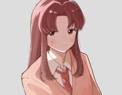 Rule 34 | 1girl, blush, brown eyes, brown hair, egashira mika, long hair, looking at viewer, necktie, parted bangs, pechevail, red necktie, sidelocks, skip to loafer, solo, upper body