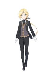 Rule 34 | 1girl, androgynous, arms at sides, black footwear, black pants, blonde hair, blue eyes, chris (princess principal), formal, full body, gloves, hair tie, highres, looking at viewer, official art, pants, ponytail, princess principal, princess principal game of mission, shoes, solo, standing, suit, transparent background, vest, white gloves