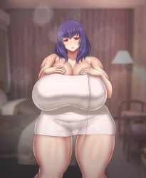 Rule 34 | 1girl, breasts, cleavage, female focus, gigantic breasts, highres, huge breasts, mature female, parted lips, purple hair, red eyes, seikon no qwaser, solo, standing, tagme, wide hips, yamanobe tomo, ponkotsu (robolobo4956)