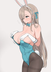 Rule 34 | 1girl, :&lt;, animal ears, asuna (blue archive), asuna (bunny) (blue archive), bare shoulders, blue archive, blue leotard, blue neckwear, blush, bow, bowtie, breasts, brown pantyhose, collar, cowboy shot, detached collar, fake animal ears, flying sweatdrops, from side, gloves, hair over one eye, hair ribbon, highres, holding, large breasts, leotard, light brown hair, long hair, looking down, nora higuma, pantyhose, playboy bunny, rabbit ears, rabbit tail, ribbon, sideboob, sidelocks, simple background, sleeveless, solo, standing, sweatdrop, tail, traditional bowtie, white collar, white gloves