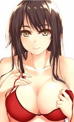 Rule 34 | 10s, 1girl, akagi (kancolle), bad id, bad pixiv id, bikini, blush, breasts, brown eyes, brown hair, cleavage, collarbone, female focus, kantai collection, large breasts, long hair, looking at viewer, morizono shiki, smile, solo, swimsuit, upper body, white background