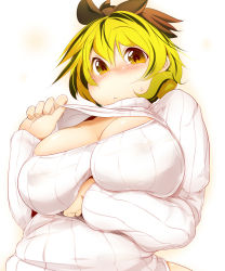 Rule 34 | 1girl, :&lt;, aki (akikaze asparagus), blonde hair, blush, breasts, brown hair, cleavage, cleavage cutout, clothing cutout, hair ornament, large breasts, looking at viewer, meme attire, multicolored hair, open-chest sweater, plump, ribbed sweater, short hair, solo, sweat, sweater, toramaru shou, touhou, two-tone hair, yellow eyes