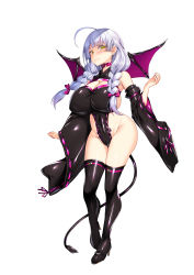 Rule 34 | 1girl, :&gt;, absurdres, ahoge, armpits, blush, boots, braid, breasts, cleavage, cleavage cutout, closed mouth, clothing cutout, demon tail, demon wings, detached sleeves, feet, female focus, full body, groin, highres, large breasts, leash, legs, light blush, long hair, looking at viewer, original, purple hair, revealing clothes, simple background, smile, solo, standing, tachi-e, tail, thigh boots, thighs, torisan, twin braids, white background, wide sleeves, wings, yellow eyes