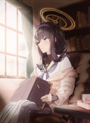 Rule 34 | 1girl, absurdres, black hair, black undershirt, blue archive, blue eyes, blue hairband, blue neckerchief, book, cardigan, hairband, halo, highres, holding, holding book, hyin, indoors, long skirt, long sleeves, looking away, low twintails, neckerchief, off shoulder, open cardigan, open clothes, pleated skirt, sailor collar, school uniform, serafuku, sidelocks, skirt, solo, twintails, ui (blue archive), white serafuku