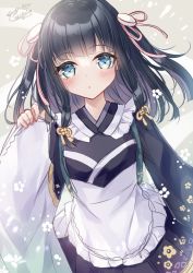 Rule 34 | 1girl, :o, apron, black hair, black kimono, blue eyes, blush, character request, frilled apron, frills, hand up, highres, japanese clothes, kimono, kohinata hoshimi, long hair, long sleeves, looking at viewer, parted lips, pinching sleeves, prima doll (anime), solo, two side up, white apron, wide sleeves