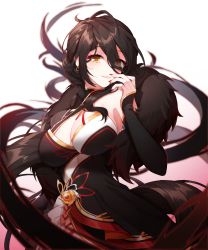 Rule 34 | 1girl, absurdres, ara haan, armpit peek, asymmetrical clothes, black dress, black hair, breasts, commentary, cowboy shot, devi (elsword), dress, earrings, elsword, eyes visible through hair, feather boa, hand up, highres, jewelry, long hair, looking at viewer, meoyo, nail polish, red nails, side slit, smile, solo, very long hair
