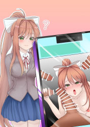 Rule 34 | 1girl, 4boys, absurdres, arms behind back, bar censor, blush, bow, breasts, brown hair, censored, doki doki literature club, fake phone screenshot, fake screenshot, green eyes, hair bow, hair ornament, heart, heart-shaped pupils, highres, medium breasts, monika (doki doki literature club), multiple boys, nude, open mouth, penis, penis grab, phone, photo comparison, pink background, ponytail, question mark, school uniform, skirt, smile, surrounded by penises, symbol-shaped pupils, tongue, tongue out, white bow
