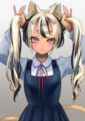 Rule 34 | 1girl, animal ears, arms up, artist name, black hair, blonde hair, blouse, cat ears, cat girl, cat tail, collared shirt, commentary request, copyright request, dark-skinned female, dark skin, dress, gradient background, grey background, grey shirt, highres, long hair, long sleeves, looking at viewer, multicolored hair, multiple tails, nail polish, neck ribbon, pinafore dress, purple eyes, red ribbon, ribbon, sakuhiko, shirt, signature, simple background, sleeveless, sleeveless dress, solo, tail, twintails day, two tails, white nails, white shirt