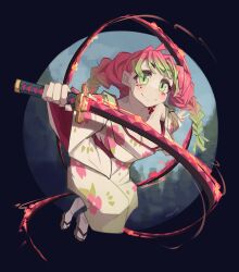 Rule 34 | 1girl, absurdres, blue background, braid, breasts, cleavage, closed mouth, gradient hair, green eyes, green hair, highres, holding, holding sword, holding weapon, japanese clothes, kanroji mitsuri, kimetsu no yaiba, kimono, large breasts, long hair, mole, mole under each eye, mole under eye, multicolored hair, multiple braids, multiple moles, pink hair, smile, solo, sword, togekk0, weapon, whip sword