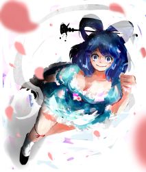 Rule 34 | 1girl, black footwear, blue dress, blue eyes, blue hair, blurry, blurry foreground, breasts, cake mogo, cleavage, clenched hand, closed mouth, commentary request, dress, foreshortening, frilled dress, frills, hair ornament, hair rings, hair stick, highres, kaku seiga, looking at viewer, petals, shawl, short sleeves, simple background, smile, socks, solo, touhou, white shawl, white socks