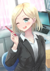 Rule 34 | 1girl, absurdres, bad id, bad pixiv id, blonde hair, blue eyes, blush, chair, formal, highres, indoors, mixyuto, monitor, office lady, one eye closed, open mouth, original, parted bangs, pen, short hair, sitting, solo, suit, upper body