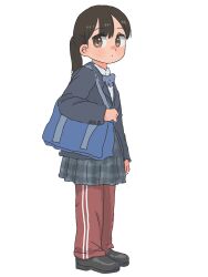 Rule 34 | 1girl, backpack, bag, black footwear, blue jacket, brown eyes, closed mouth, full body, hare (tsooy18pjwdw21h), highres, jacket, loafers, looking at viewer, original, pants, pleated skirt, ponytail, school uniform, shirt, shoes, skirt, solo, standing, track pants, white background, white shirt
