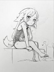 Rule 34 | 1girl, barefoot, blush, child, commentary, english commentary, highres, long hair, looking at viewer, monochrome, one-piece swimsuit, original, pool, renocoffee, sitting, solo, swimsuit, tail, traditional media