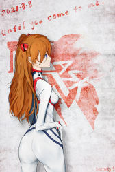Rule 34 | 1girl, 2021, absurdres, ass, bad anatomy, blue eyes, brown hair, curvy, dated, evangelion: 3.0+1.0 thrice upon a time, hair between eyes, hair ornament, hand on own hip, hermityy, highres, long hair, looking to the side, neon genesis evangelion, plugsuit, rebuild of evangelion, simple background, solo, souryuu asuka langley, twintails, upper body, very long hair