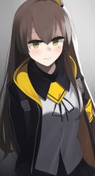 Rule 34 | absurdres, armband, arms behind back, black jacket, black ribbon, blush, breasts, buttons, girls&#039; frontline, highres, hinami047, hood, hooded jacket, jacket, light brown hair, light smile, long hair, ribbon, scar, scar across eye, scar on face, shirt, small breasts, solo, ump45 (girls&#039; frontline), upper body, white shirt, yellow eyes