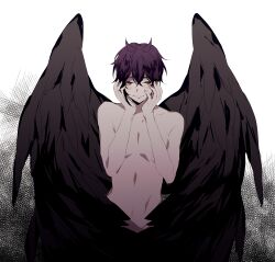 Rule 34 | 1boy, absurdres, black background, black hair, black wings, blush, brown eyes, closed mouth, completely nude, dance with devils, fallen angel, head rest, highres, male focus, multicolored background, natsumezaka shiki, nude, qi7pi, short hair, smile, solo, white background, wings