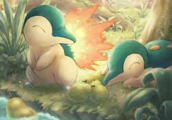 Rule 34 | absurdres, animal focus, berry (pokemon), closed eyes, creatures (company), cyndaquil, fire, forest, fuju1012, game freak, gen 2 pokemon, highres, light particles, looking at another, moss, nature, nintendo, no humans, on grass, outdoors, plant, pokemon, pokemon (creature), riverbank, sitrus berry, standing, tree, under tree