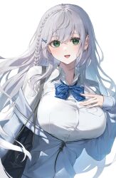 Rule 34 | 1girl, bag, blue jacket, blush, braid, breasts, collared shirt, commentary request, green eyes, grey hair, hair between eyes, handbag, highres, hololive, jacket, large breasts, long hair, looking at viewer, off shoulder, open mouth, partially unzipped, shirogane noel, shirogane noel (school uniform), shirt, simple background, single braid, smile, solo, upper body, virtual youtuber, watao, white background, white shirt