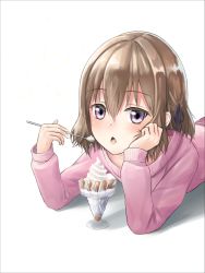 Rule 34 | 1girl, blend s, brown hair, chestnut mouth, eating, fattybot, hair ribbon, highres, hoshikawa mafuyu, looking at viewer, lying, on stomach, pink sweater, purple eyes, ribbon, spoon, sweater, whipped cream