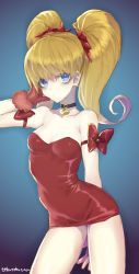 Rule 34 | 1girl, arm strap, bags under eyes, blonde hair, blue eyes, bow, breasts, capcom, cleavage, collar, dress, effie (street fighter), gloves, hair ornament, hair scrunchie, heart collar, highres, looking at viewer, microdress, murata tefu, petite, ponytail, red bow, red dress, red gloves, scrunchie, small breasts, solo, spikes, standing, strapless, strapless dress, street fighter, street fighter iii (series)