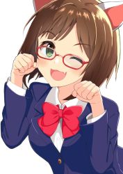 Rule 34 | 1girl, :3, animal ears, blazer, blue jacket, blush, bow, bowtie, breasts, brown hair, buttons, cat ears, clenched hands, commentary, fake animal ears, fang, glasses, green eyes, hands up, highres, idolmaster, idolmaster cinderella girls, jacket, long sleeves, looking at viewer, maekawa miku, medium breasts, negishio, one eye closed, open mouth, paw pose, red-framed eyewear, red bow, red bowtie, school uniform, shirt, short hair, smile, solo, upper body, white background, white shirt, wing collar