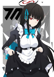 1girl absurdres black_hair blue_archive breasts clothes_lift commentary cosplay dress dress_lift earphones expressionless hair_ribbon halo highres long_hair looking_at_viewer nyaru_(nyaru_4126) red_eyes ribbon rio_(blue_archive) solo toki_(blue_archive) toki_(blue_archive)_(cosplay) translation_request zoom_layer